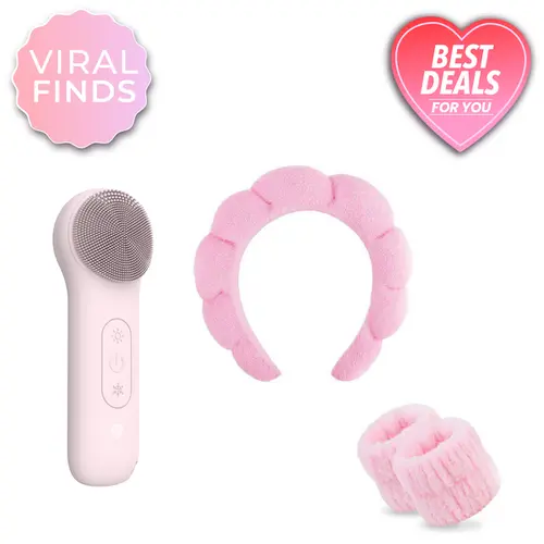 RIKI LOVES RIKI Radiant & Bubble Headband Bundles - Glow Up, Hair Up - Ultimate Skincare Duo with Dual-Sided Silicone Cleansing Device & Stylish Bubble Headband for Prepping Skin & Securing Style
