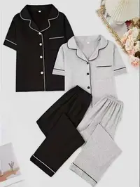 Women's Short Sleeve Lapel Design Fitted Top & Long Pants Set, Soft Pajama, Pyjamas, Everyday Nightwear, Chest Pocket Detail, Spring & Fall Wear, Loungewear, Homewear