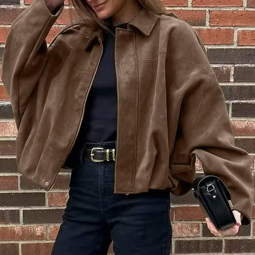 Aviator Jacket Woman,New In Coats And Jackets，Casual Outerwear Zip Up Jacket Women's Spring Jacket,Suede Jacket,Oversized Pilot Jacket Cropped Fit, Streetwear Pleats Short Jacket Woman