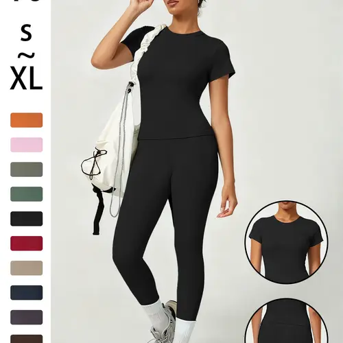 Women's Sporty Fitted Yoga Set, Soft Breathable Short Sleeve Top & Elastic Pants, Ideal for Fitness Running Outdoor Activities, Sporty Round Neck, Athleisure Wear Sets, Soft Stretch High Waist Activewear, Activewear Workout Set, Women Workout Clothes