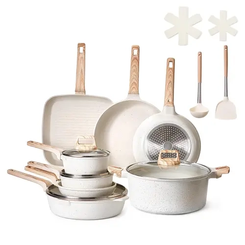 VEVOR 19-Piece Thick Nonstick Granite Cookware Set - RV-Ready, Space-Saving, Induction-Compatible, All-Stovetop Use, with Frying/Sauce/Saute Pans, Tempered Transparent Lids, Silicone Protectors, Oil-Efficient, Easy Food Release & Cleaning, White
