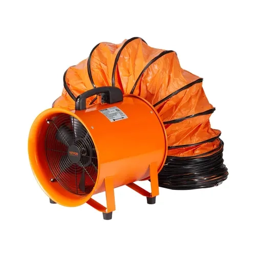 VEVOR 12in Heavy Cylinder Portable Ventilator, 585W Power 3198CFM Shop Exhaust Blower with 16.4ft Duct Hose, Corrosion Res. Anti-Skid Steel Frame, Easy-Carry Handle, IP44 for Damp/Construction Sites, Low Noise
