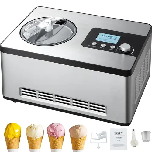 【Fallpicks】VEVOR Automatic 2-Quart Ice Cream Maker with CFC-Free R134a Compressor, 15-Scoop Horizontal Drum, 10min Mix Mode, No Pre-Freezing Stainless Steel Machine, 3 Modes Gelato Maker, LCD Display & Timer, Silver Freezer Treat for Family Gatherings