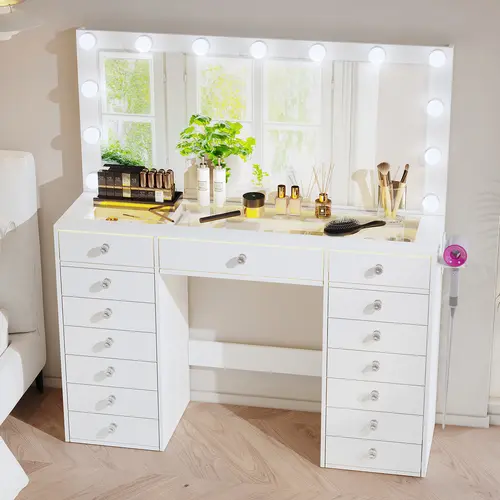 【2 Package Shipped】VOWNER 51" Makeup Vanity with Glass Top & Power Outlet 15 Drawers 13 Light Bulbs with 3 LED Lighting Modes and RGB Light Adjustable for Bedroom