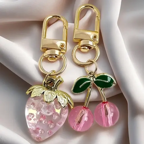 Strawberry and cherry combination keychain, transparent epoxy fruit pendant, gold buckle bag pendant, gold buckle is small, exquisite and cute, fresh cherry strawberry keychain pendant   bag car pendant, Fashionable Alloy Keychain