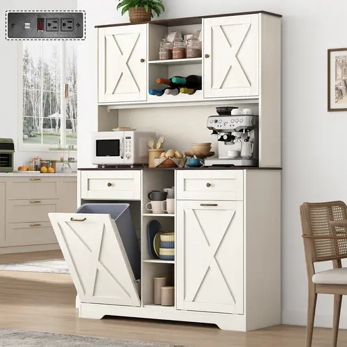 71" Tall 47"Wide Kitchen Pantry Storage Cabinet with Power Outlets,Farmhouse Kitchen Double Tilt Out Trash Cabinet 10X2 Gallon Garbage Holder with Two Drawers,Freestand Laundry Sort Cabinets