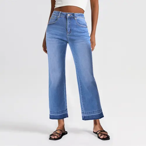 FireSwan High Rise Medium Wash Tummy Control Cropped Wide Leg Jeans Pants Bottom