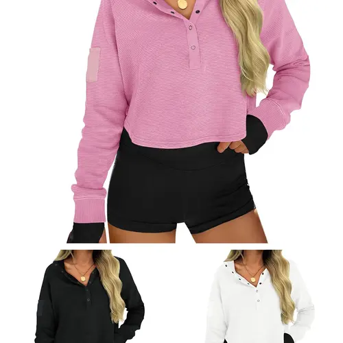 Fisoew Women's Soft Light Cropped Sweatshirt - Casual Henley Neck, Snap Button, Long Sleeve, Ribbed Loose Fit, Adjustable, Plus Size, Breathable, Comfortable, Elegant, Overall Style Fall Basic Womenswear Top