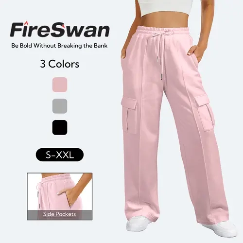 FireSwan Women’s Fleece-Lined Cargo Bottoms - High-Waist, Loose-Fitting, Casual Pants with Drawstring, Practical Pockets, Machine Wash for Gym, Lounge
