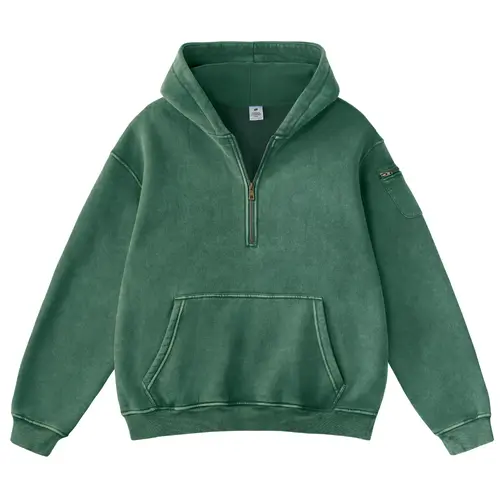 FAIABLE Oversized Hoodie for Women Vintage Acid Washed Heavyweight Fleece Half Zip Pullover with Kangaroo Pocket & Earbud Sleeve Pocket Casual Aesthetic Streetwear Style Essential Hoodies Comfort Hoodies Zip Hoodie