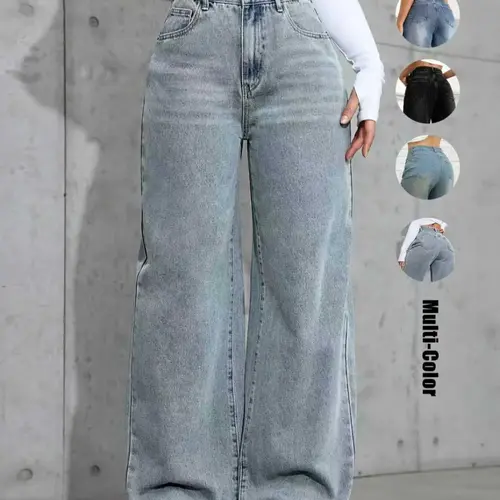 Women's Fashion Chic Minimalist High Waist Wide Leg Washed Woven Denim Jeans, Washed Casual Jeans, Comfortable Fit Pants for All Seasons, Womenswear