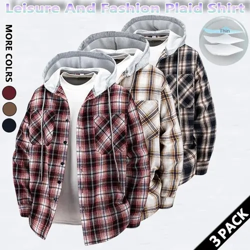Men's 3-Pack Classic Checked Hooded Coat Jacket - Soft Fabric, Stylish Plaid Streetwear, Long Sleeves, Casual Sweatshirts, Mixed Color 1, Fall Outfits, Halloween Gifts, Lightweight Hoodies & Sweatshirts