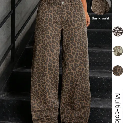 Women's Leopard Print Loose-Fit Oversized Jeans, Elastic Waist, Button Fly, Floor-Length, Casual All-Season Pants, Multiple Colors Available