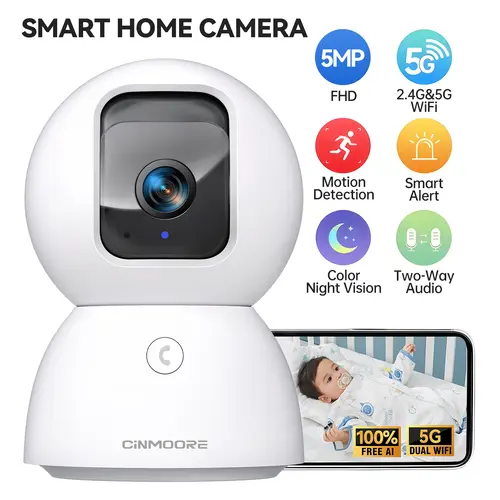 CINMOORE Wireless Security Camera, 5G Wi-Fi PTZ Home Monitoring Camera with 3KB Storage, Non-Subscription Person/Pet Detection & Face ID, Phone App Control, Full Duplex 2-Way Audio, Crystal Color Night Vision, SD Card Local Recording (White), Wireless Sec