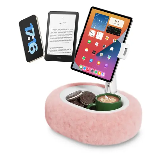 Viozon Portable Washable Fabric Tablet & Phone Stand - 4-11" Device Compatible, 360° Rotation, Adjustable Folding Arm, Detachable Storage Bowl, Ideal for Bed & Couch, Kindle/iPad/Smartphone Accessory Holder