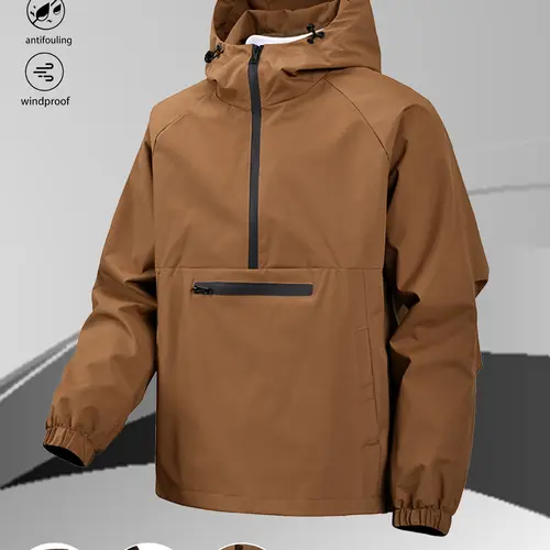 Men's Fitted Hooded Half-Zip Windproof Jacket - Woven Stain-Resistant Polyester Casual Outdoor Outerwear with Large Pockets, for Hiking & Everyday Wear