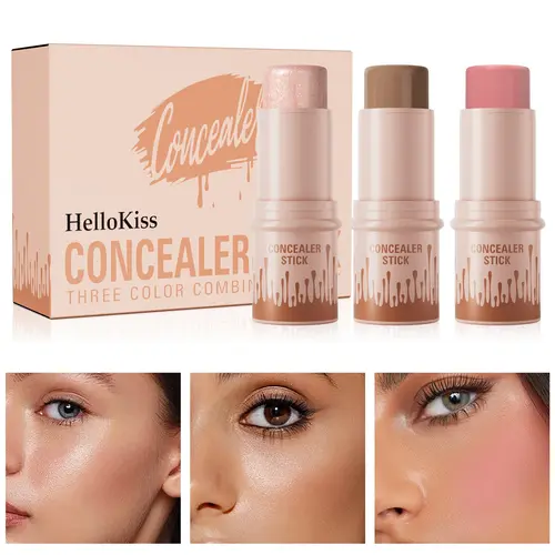 3-Pack Make Up Cosmetic Stick Set - Flawless Illuminator Highlighter, Contour & Blush Trio, Long-Lasting Waterproof Concealer Pen for Natural Face Sculpting & Radiant Glow. #sohochic