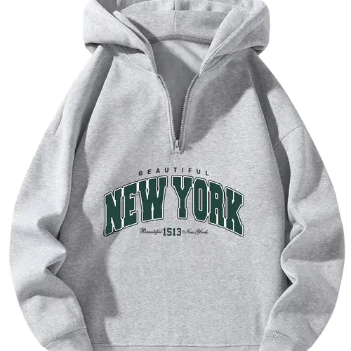 Men's Heavyweight Fleece Half-Zip Graphic Hoodie - Unisex Longsleeves Loose-Fit Sweatshirt, Thick Zipper Pullover, Thanksgiving Streetwear, Grey Outdoor Mens Clothing, Sohochic