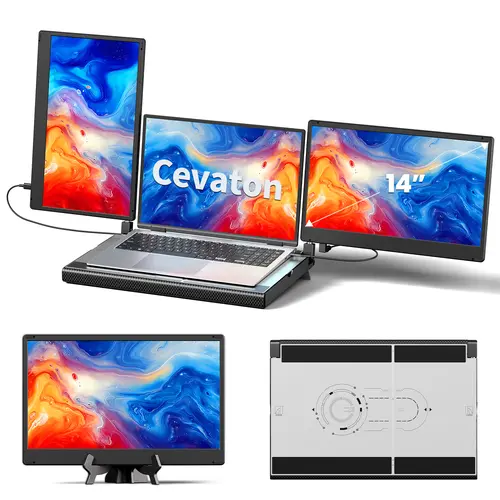 Cevaton 14" Lightweight Laptop Screen Extender with 360° Rotatable Metal Stand, 1080P FHD IPS Panel, USB-C Compatible, Dual Monitor Setup, Horizontal/Vertical Display, Freestanding, Dual Video Output Required, Boosts Work Efficiency by 300%