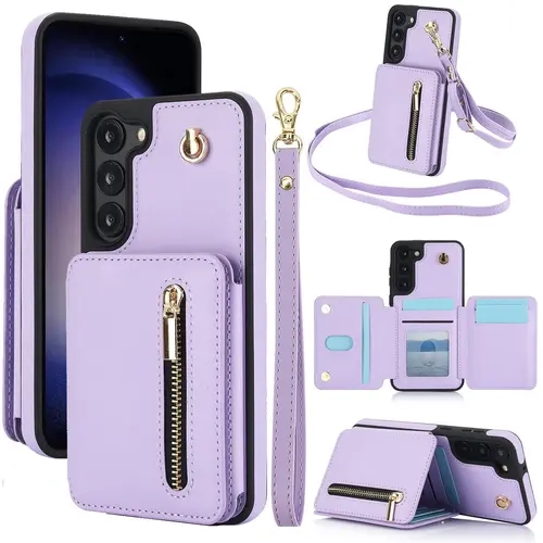 OREKROY Leather Smartphone Wallet Case for Samsung Galaxy S25 Ultra, S24, S23, S22 Plus - RFID Blocking Card Pouch, Flip Stand Casing with Crossbody Lanyard & Wristband Strap, Cellphone Protection, Phone Pouch
