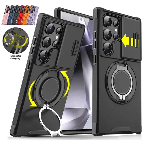 OREKROY Shockproof Magnetic Case with Slide Camera Lens Protector For Samsung Galaxy S26/S25/S24/S23/S22/S21 Ultra Plus Rotating Ring Holder