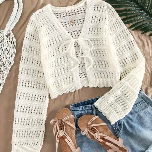 Women's Plain Hollow Out Crochet Knitted Cardigan, Casual Long Sleeve Tie Front Fit Knitwear for Spring & Fall, Fashion Womenswear Knit Clothing for Daily Wear, Lightweight Knitting Cardigan