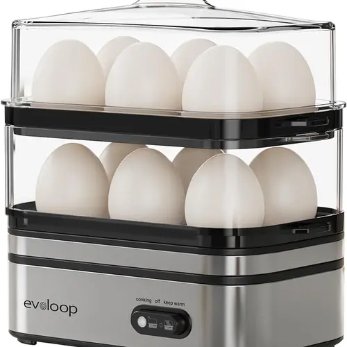 EVOLOOP Automatic Cooker Machine - 12-Capacity Rapid Appliance with Buzzer Alert, Multi-Functions (Soft/Medium/Hard Boiled, Poached, Omelet, Vegetable Steamer), BPA-Free Egg Tray for Family, Apartment Use (Double Compatible)