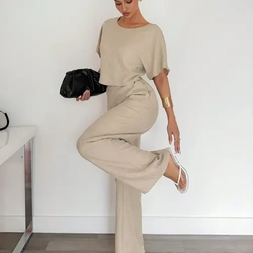 Women's Short Sleeve T-Shirt & Wide-Leg Pants Set, Suit, Casual Pantsuit, Woven Casual Aesthetic Loose-Fit Baggy Outfit for Spring & Fall, Comfortable Everyday Wear Apparel