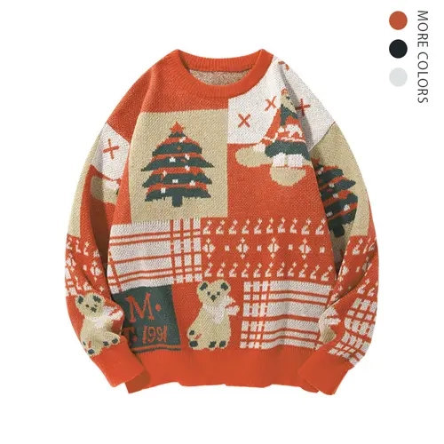 SAND SOUND Women's Casual Round Neck Festive Knit Sweater - Longsleeve Soft Top, Patchwork Tree & Bear Print, White, Medium, Winter Holiday, Sweater Weather, Gifts for Coworkers Christmas, Last Minute Christmas Gifts for BF