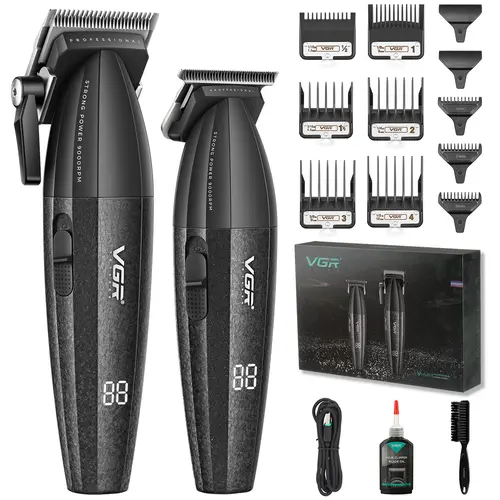 VGR 640 Professional Men's Hair Clipper & Barber Equipment Set, Cord/Cordless USB Rechargeable Kit with Ceramic Blade, Dual-Speed 9000 RPM, LED Display, Adjust Guards, Charging Cable, Cleansing Feature for All Hair Types, Cool Gifts for Guys