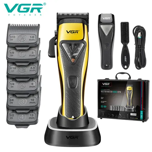 VGR 015 Professional Men's Barber Clippers Set - 9000 RPM Vector Motor, DLC Blade, Adjustable 3mm Blade, Metal Body, USB Port, Cooling Feature, Cleansing Function, Travel Case, Father’s Day Gift