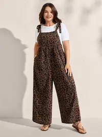 BLOOMCHIC Women's Plus Size Casual Overalls [M-6X], Leopard Print Relaxed Fit Stylish Women's Wear, Curvy Clothing with Shirred Shoulder Straps, Sleeves, Pockets,ETry-On Haul Favorite,Spotlight,Summer wins,Deals for you days Stretch Coveralls