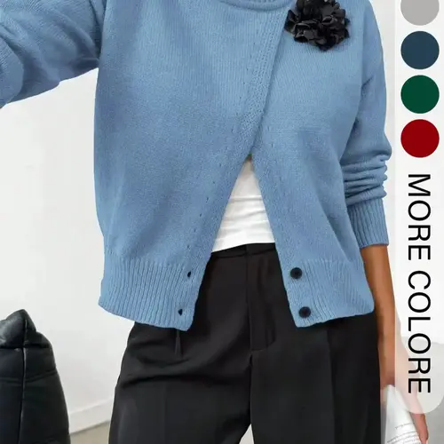 Women's Casual Knit Pullover Sweater, Round Neck Long Sleeve Button Front Split Design, Fall & Winter Fashion Knitwear Womenswear Fabric Garment
