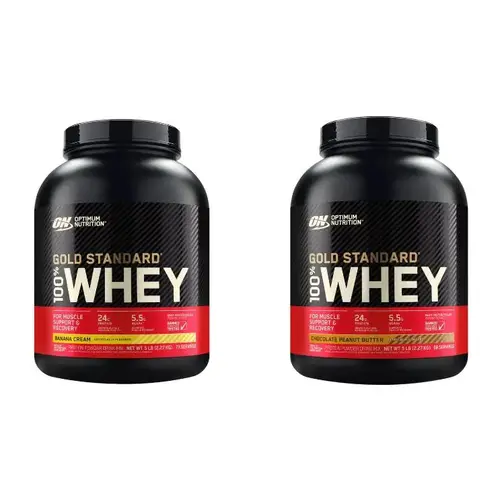 Optimum Nutrition Gold Standard 100% Whey Protein Supplement - GF Instantized BCAA-Rich Low Carb Low Sugar Lean Option for Adults, 24g Protein, Natural Muscle Support Blend, 73 Servings, 5 lbs, Banana Cream & Chocolate Peanut Butter Flavors