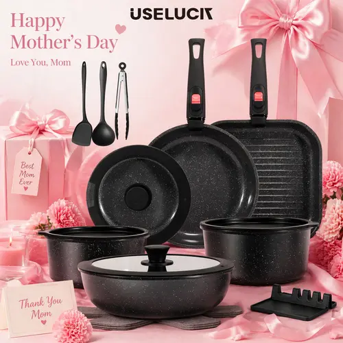 USELUCK 22-Pcs Cream Titanium Nonstick Aluminum Pots and Pans Set - Household Items, Anti-Adhesive, Durable, Easy to Clean, Induction & Gas Compatible, Heat-Resistant Wood Handle, Round Pans, Bundle Cookware Sets, Kitchen Supplies
