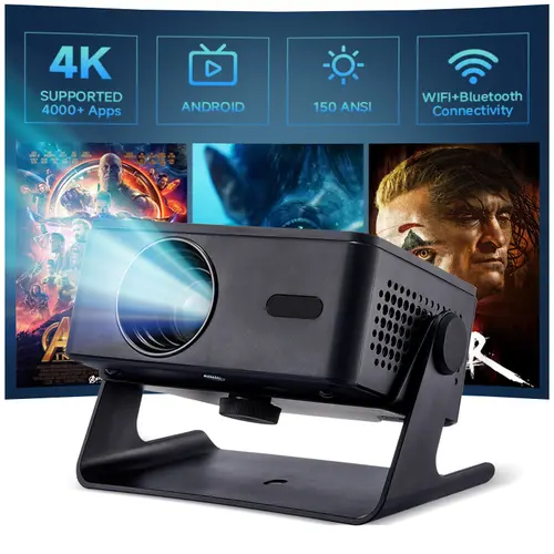 Portable DLP A32 Projector - 1080P Full HD, 150 ANSI, 3s Auto Focus, Keystone Correction, Android 13, WiFi+Bluetooth, Built-in Audio, 980g Lightweight, 180° Rotation, Remote Control, 8.27x5.50x6.30 Inches, Projectors for Bedroom, Road Trips & Tabletop Use