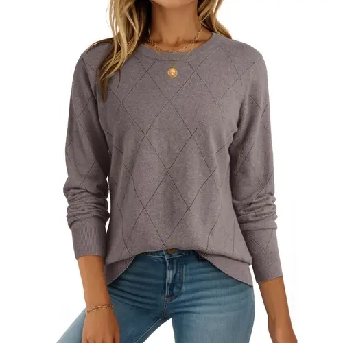 Dokotoo Sweaters for Women Long Sleeve Wool Blend Crewneck Diamond Hollow Out Lightweight Soft Fall Pullover Sweater Tops