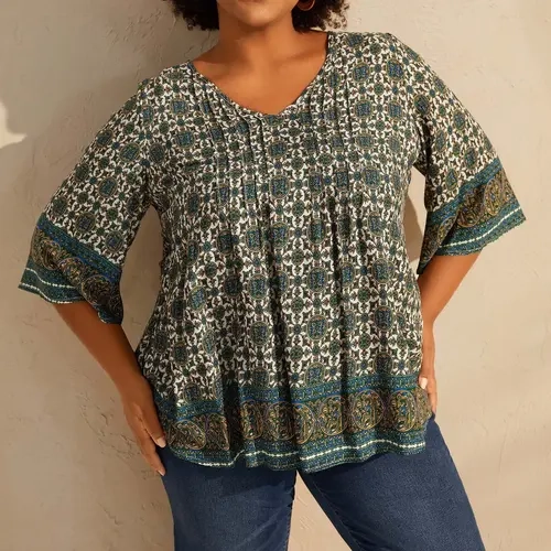 BloomChic Pin-Tuck Pleat Ornate Print Relaxed Fit Shirt 【M-6XL】