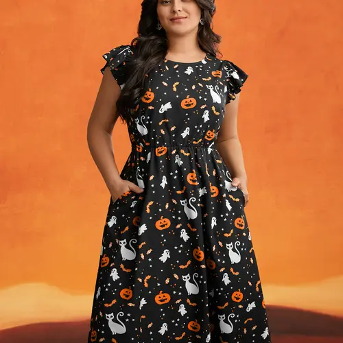 BloomChic Pumpkin Printed Ruffle Sleeves Midi Dress 【M-6XL】