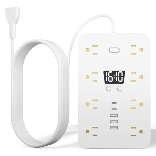 21-IN-1 Compact Universal Adapter Socket Smart Power Strip (11.6cm x 3.5cm), 45° Tight-Fit Flexible Rotating Plug, Overload Cut-Off Protection, 16 Outlets, 3 USB-A Slots, 2 Type-C Ports, Display, Fireproof Desk Space Saver for Home & Office