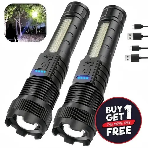 6-IN-1 High Brightness Zoom Beam Spotlight Torch Lights - Rechargeable Tools and Gadgets, Cool Gadgets, 200m Range, USB-C Fast Charge, 3 Main Modes, 3 COB Sidelights, 25%-75% Power Display, Portable Battery Pack, Dimmable, Compact for Camping, Emergencies