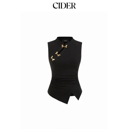 Cider Mandarin Collar Metal Detail Cut Out Ruched Split Top