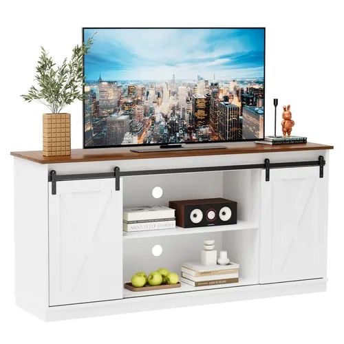 TV Stand for 65 Inch TV, Sliding Barn Door and Entertainment Center with Storage, Mid-Century Modern Media TV Console Table for Living Room Bedroom