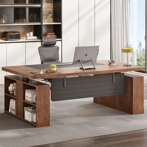 Sedeta 63" Sturdy Adjustable Wood+Steel Standing Desk - Modern Rectangular Wood Workstation, 4+2 Power Ports, Open Shelf, Privacy Panel, Reversible Storage, 8-Shelf Flex, 200 lbs Capacity, Dual Monitor Ready, Assembly Required, Office/Bedroom Furniture