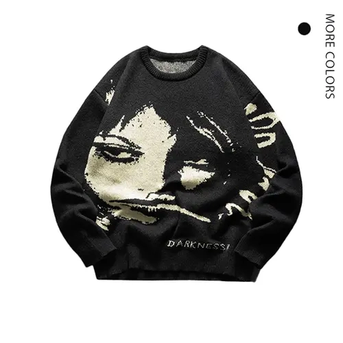 SAND SOUND Men's Edgy "Darkness" Portrait Print Round Neck Knit Sweater - Long Sleeves, Bold Text, Casual Loose Cut, Medium Size, Medium Length, Alt Clothes Menswear, Fall Fashion Top for Artful Look, Ideal for Halloween, Casual Loose Sweatshirt