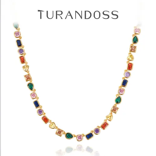 Turandoss Brass Gold Plated Tennis Necklace - 14K Coated Unisex Statement Chain, Colorful Chain & Link Gemstones (CZ, Emerald, Aquamarine), 15+3.5in Adjustable Choker, Jewelry for Women Men's Jewelry Accessories, Birthday Gift