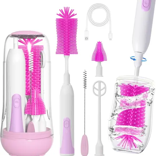 Infant Rechargeable Waterproof Electric Bottlewasher Kit - Baby Items with Food-Grade Silicone Nipple/Straw Brushes, Drying Rack, Soap Dispenser, Compact Storage Box, Mom Life Saver for Newborn Home Use (Aluminum-Free, Deep Bottle Scrub)