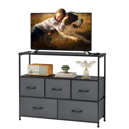 Modern TV Stand - Indoor Furniture with 5 Fabric Drawers (3+2 Drawer Zones), Open Storage Shelf, Stable Media Console, Assembly Required, Bedroom Dresser & Living Room Tv Consoles Cabinet