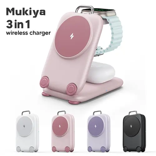 【Gift Ideas】Mukiya Magnetic 3 in 1 Mini Suitcase-style MagSafe Charger Stand for iPhone 18 17 16 15 14 13 12 Pro Max Plus, Apple Watch& Air pods 4 3 2 Pro