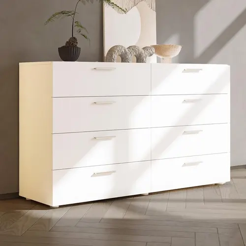 Karl Home White 55.1 in 8-Drawer Dresser for Bedroom - Sturdy Wood Narrow Cabinet, Bedroom Decor, Deep Drawers, Metal Slide Glides, 55.1"x15.7"x31.5", Above 25 kg Capacity, Flat Base, TV Stand, Assembly Required, Back to School Ready
